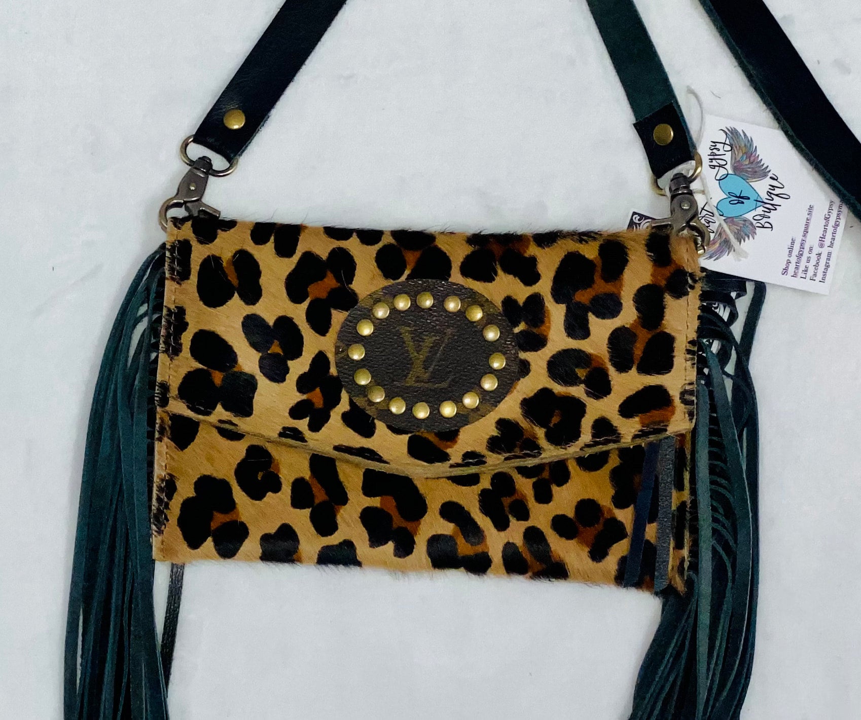Flora Distressed Leopard Cowhide Upcycled LV Wallet with Snap